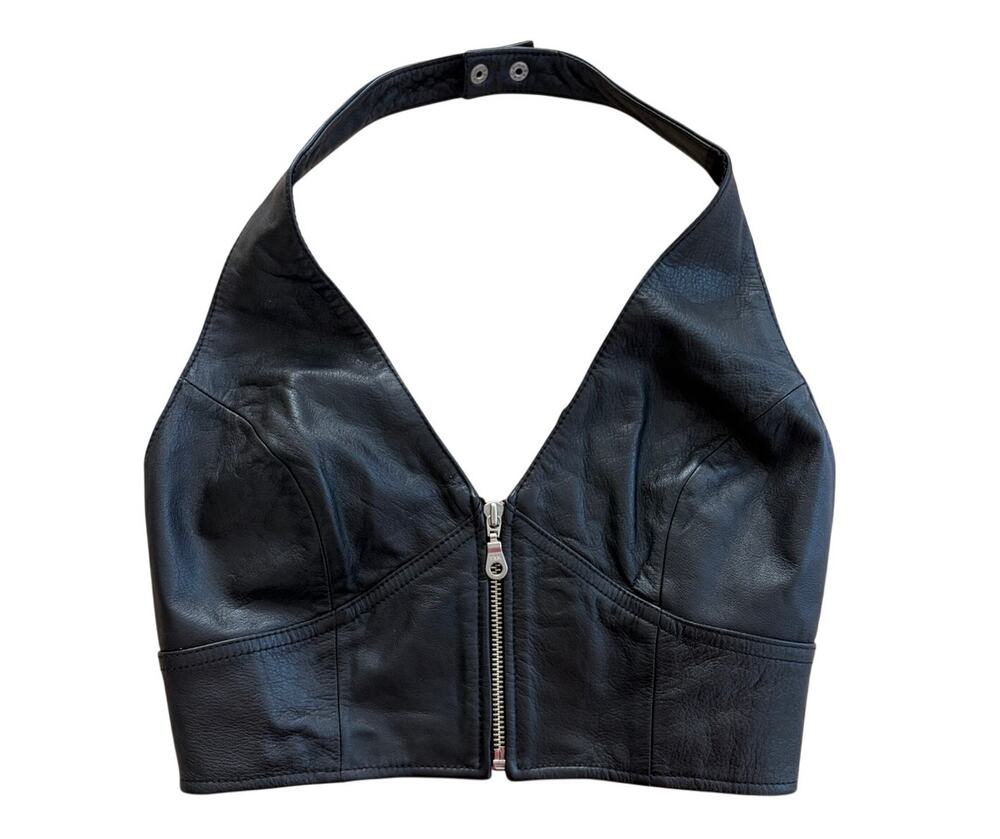 vintage Y2K wilsons leather maxima Halter Top Zip Up Corset Biker Crop Medium